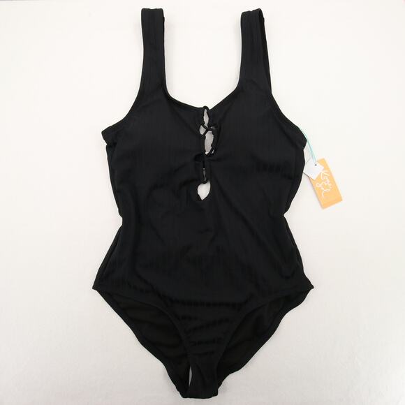 Kona Sol One Piece Swimsuit Black Ribbed Scoop Neck Lace Up Size Small NWT - Picture 2 of 14